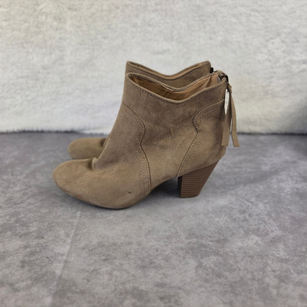 Tan Faux Suede Ankle Boots Stacked Cone Heel Back Zip Booties Size 9M 43681484